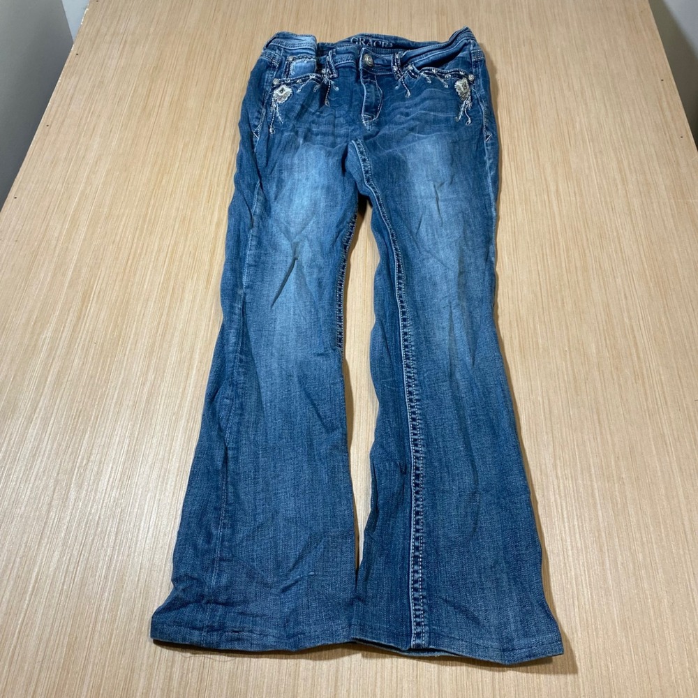 Grace in LA Women Medium Wash Embroidered Rhinestone Bootcut Jeans Size 30